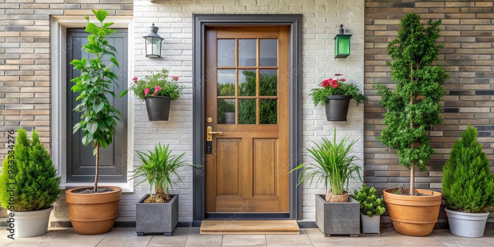 View of entrance door to modern farmhouse with potted plants and wooden door with glass, modern farmhouse, entrance View of entrance door to modern farmhouse with potted plants and wooden door with glass, modern farmhouse, entrance