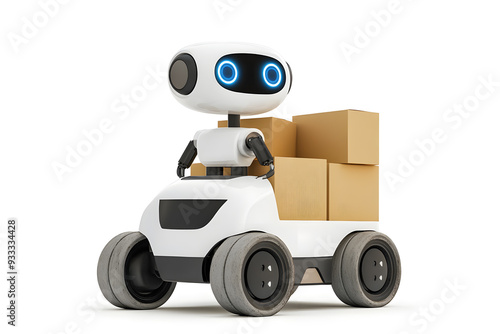 3D Small cute robot for delivery holding box isolated on white background. The future of automated delivery