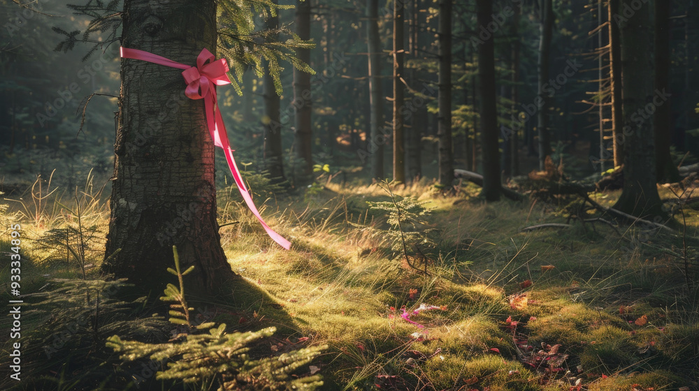 Pink Ribbon Tied to Tree in Forest Clearing for Breast Cancer Awareness
Pink Ribbon Tied to Tree in Forest Clearing for Breast Cancer Awareness