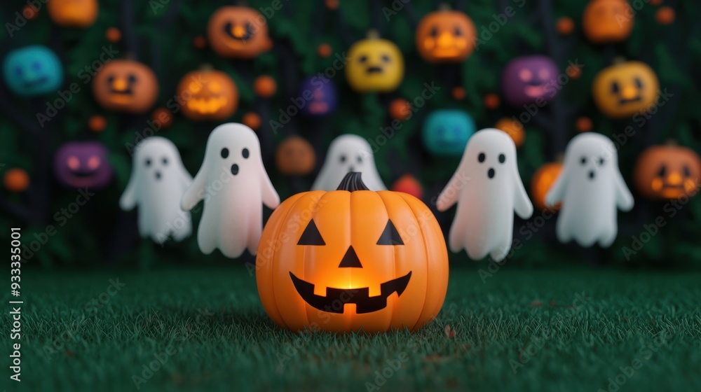 Enchanting Halloween Parade with Cartoon Pumpkin Lantern and Ghosts in Magical Forest, Copy Space, Ultra HD Enchanting Halloween Parade with Cartoon Pumpkin Lantern and Ghosts in Magical Forest, Copy Space, Ultra HD
