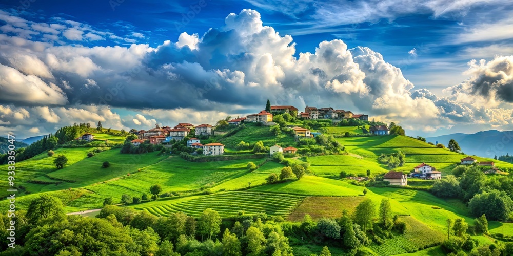 Fototapeta premium Green and beautiful village scenery on a hill with blue clouds in the background, scenic, village, hilltop, idyllic