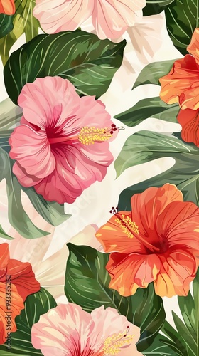 Wallpaper Mural Vibrant hibiscus flowers surrounded by lush green leaves create a tropical and refreshing backdrop. Torontodigital.ca