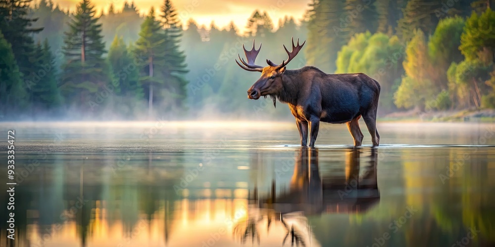 Majestic moose standing in water with shimmering reflection in lake, moose, majestic, water, reflection, lake, wildlife Majestic moose standing in water with shimmering reflection in lake, moose, majestic, water, reflection, lake, wildlife