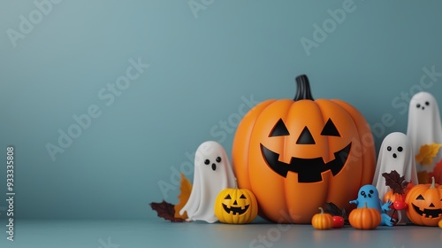 Playful 3D Cartoon Pumpkin Surrounded by Colorful Halloween Toys and Glowing Ghosts, Copy Space for Text, Selective Focus on Foreground, Ultra HD