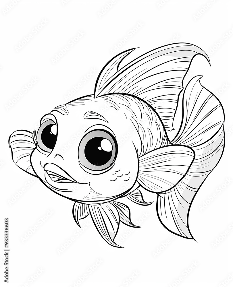 Fototapeta premium Coloring page for kids, featuring a cute, happy cartoon fish with big eyes, in a thick line art style, on a white background with no shading details. 