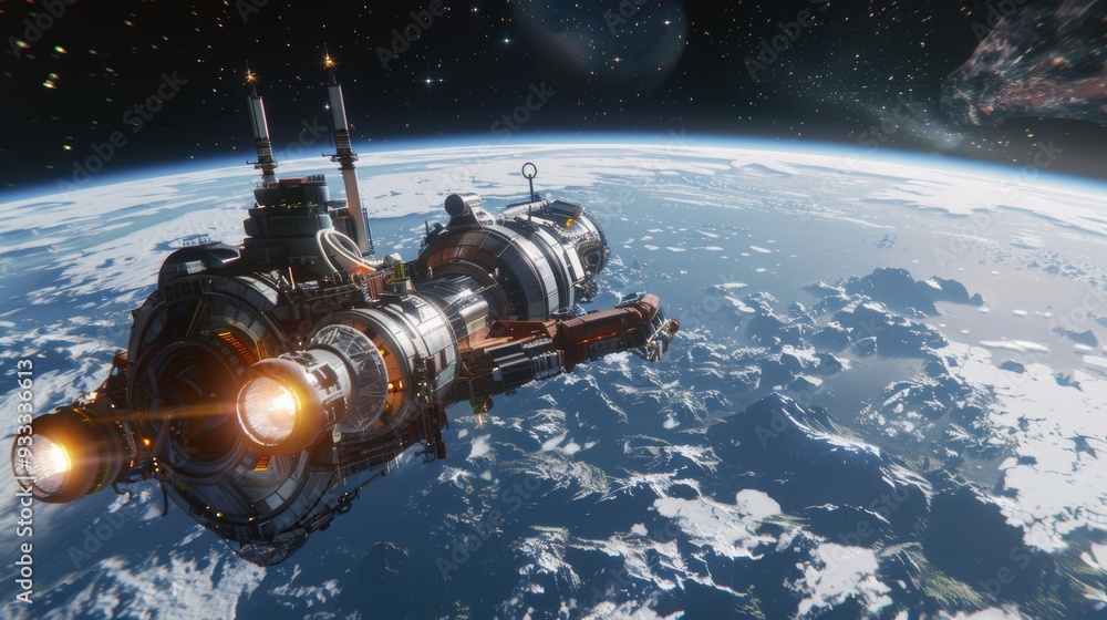A space station orbiting the earth A space station orbiting the earth