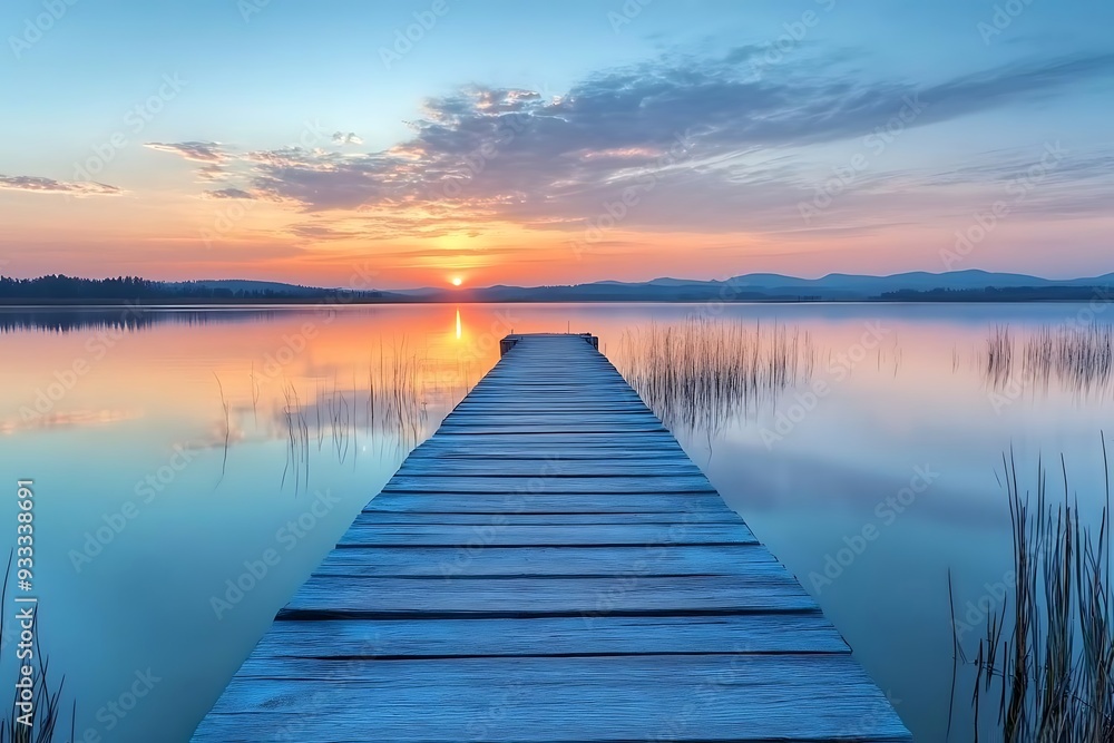 Sunrise over a Still Lake with a Wooden Dock - Photo Sunrise over a Still Lake with a Wooden Dock - Photo
