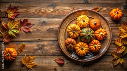 Autumn-themed plate with pumpkins on a rustic background, autumn, plate, pumpkins, fall, seasonal, rustic, harvest