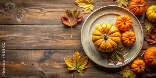 Autumn-themed plate with pumpkins on a rustic background, autumn, plate, pumpkins, fall, seasonal, rustic, harvest