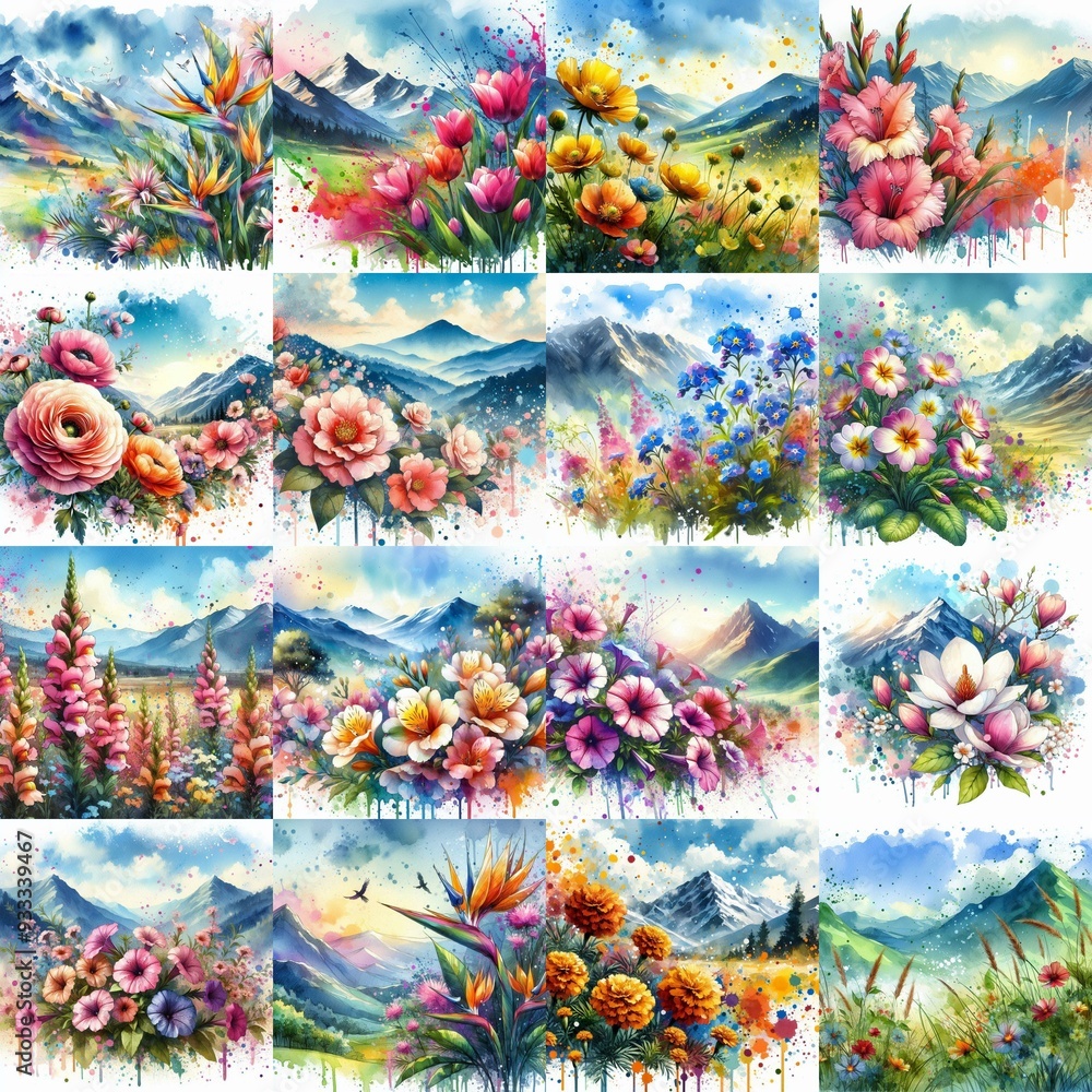 flowers draw. Watercolor splash style. AI generated illustration flowers draw. Watercolor splash style. AI generated illustration