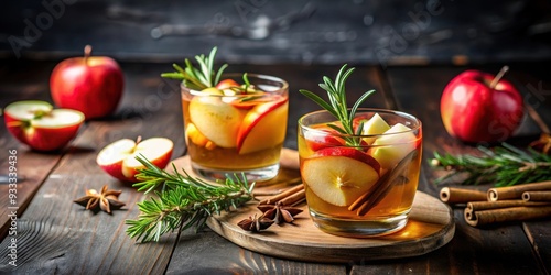 Apple cider cocktail with sliced apples and rosemary, apple, cider, cocktail, drink, sliced, apples, rosemary, refreshment