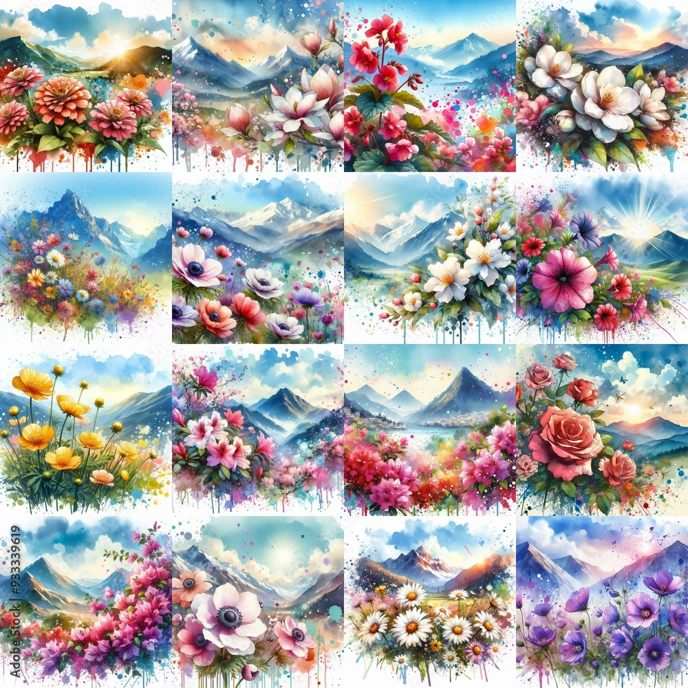 flowers draw. Watercolor splash style. AI generated illustration flowers draw. Watercolor splash style. AI generated illustration