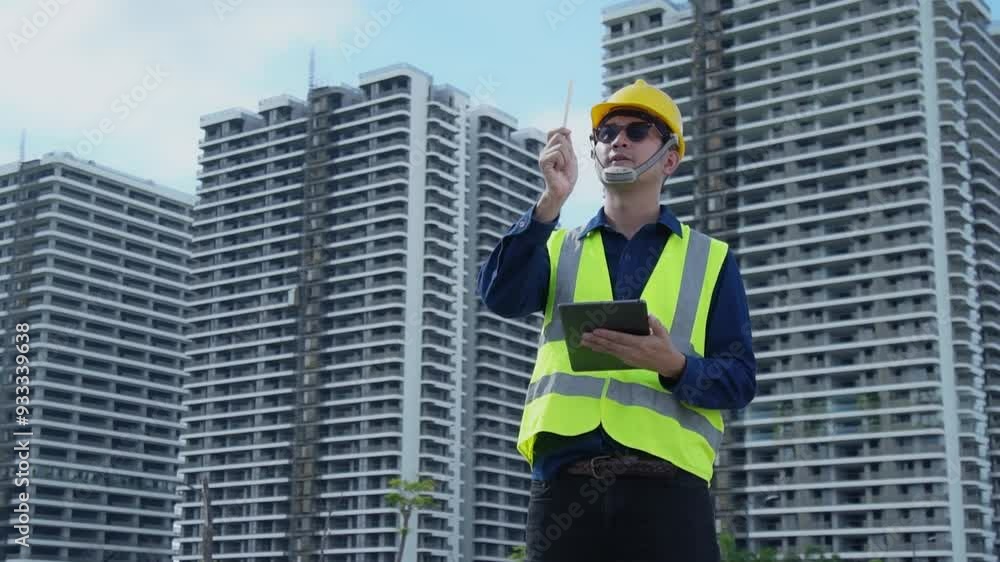 custom made wallpaper toronto digitalHandsome Asian engineer using tablet to check quality of big building. Concept of inspecting big building structure for engineering standard.