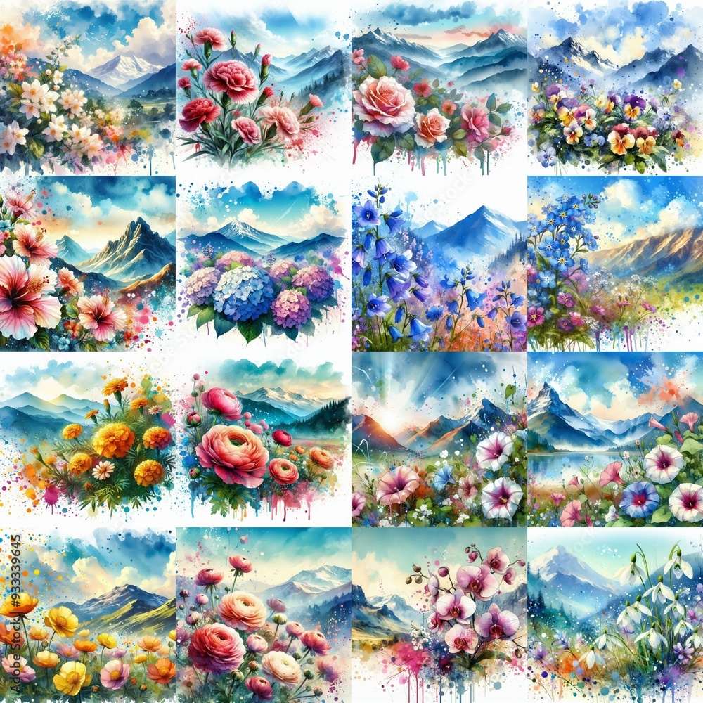 flowers draw. Watercolor splash style. AI generated illustration flowers draw. Watercolor splash style. AI generated illustration