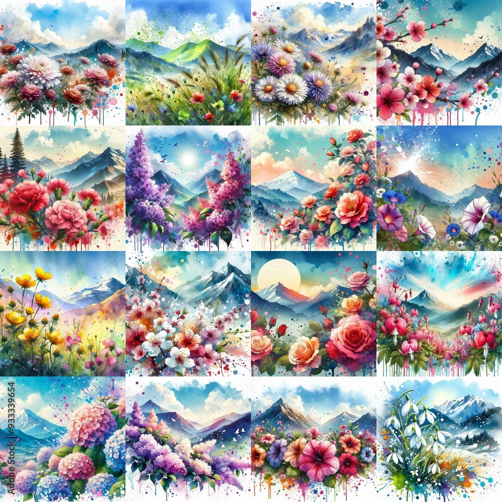 flowers draw. Watercolor splash style. AI generated illustration flowers draw. Watercolor splash style. AI generated illustration