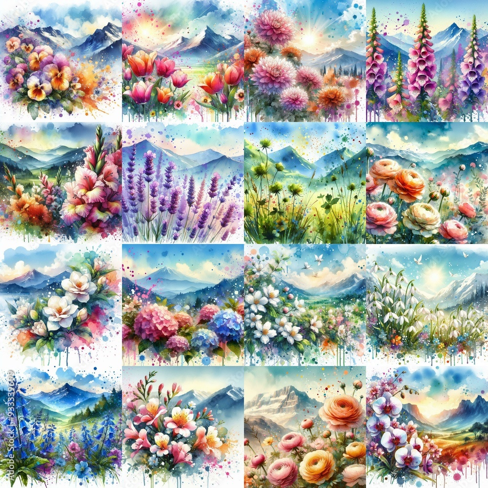 flowers draw. Watercolor splash style. AI generated illustration flowers draw. Watercolor splash style. AI generated illustration