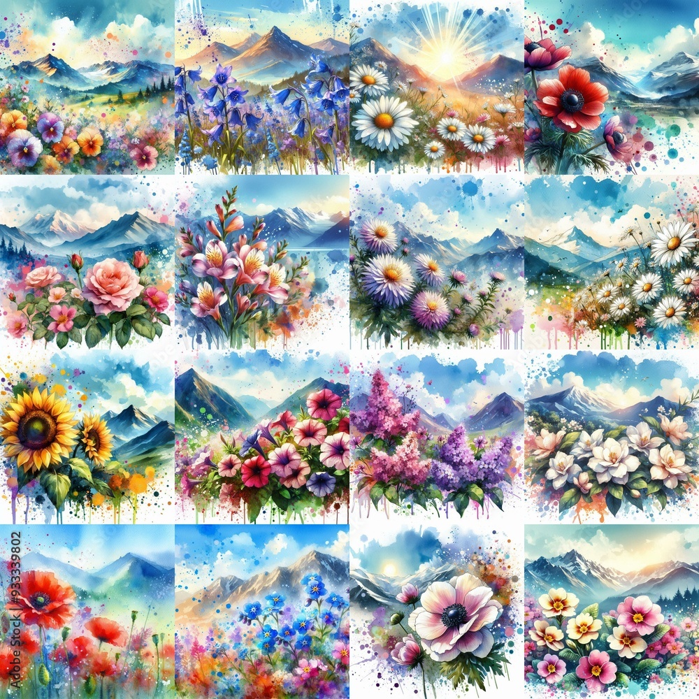 flowers draw. Watercolor splash style. AI generated illustration flowers draw. Watercolor splash style. AI generated illustration