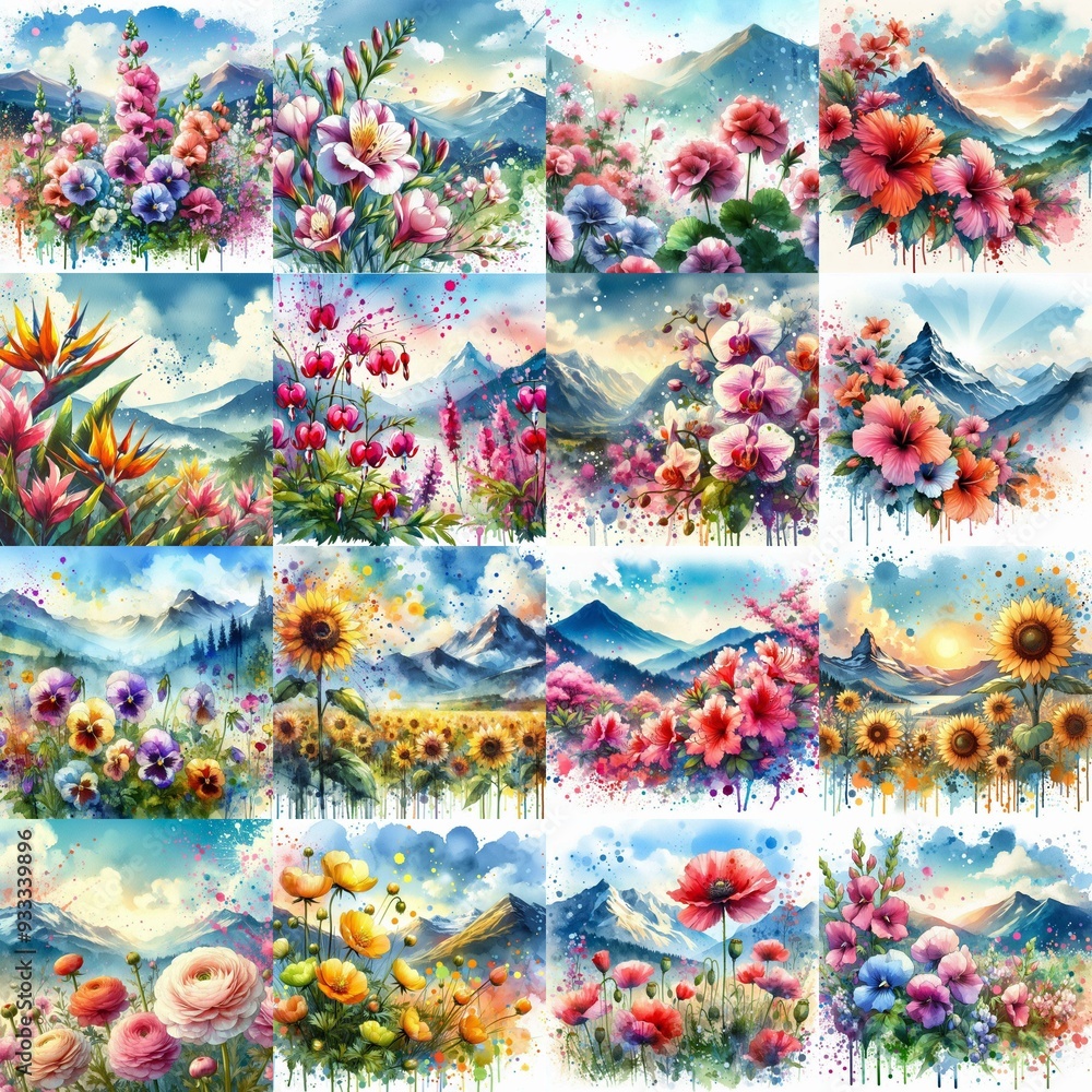 flowers draw. Watercolor splash style. AI generated illustration flowers draw. Watercolor splash style. AI generated illustration