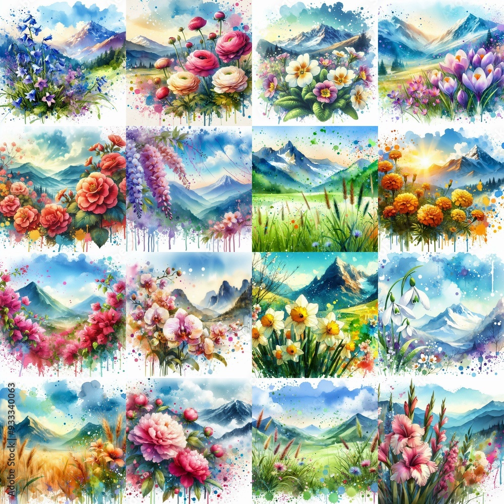 Fototapeta premium flowers draw. Watercolor splash style. AI generated illustration