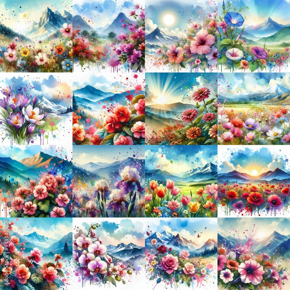 flowers draw. Watercolor splash style. AI generated illustration flowers draw. Watercolor splash style. AI generated illustration