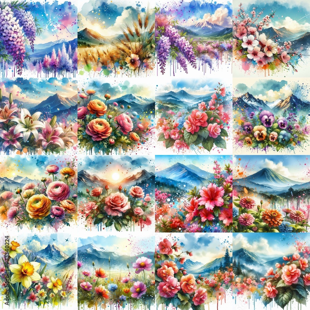 flowers draw. Watercolor splash style. AI generated illustration flowers draw. Watercolor splash style. AI generated illustration
