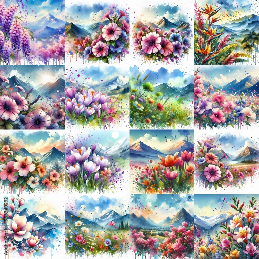 flowers draw. Watercolor splash style. AI generated illustration flowers draw. Watercolor splash style. AI generated illustration