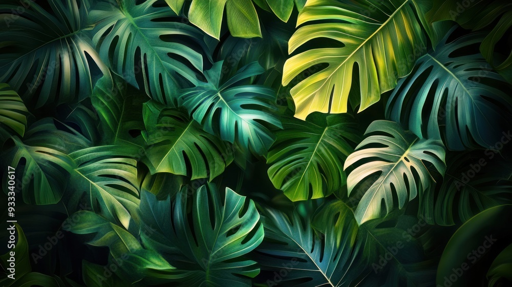 A lush green jungle with many leaves and vines A lush green jungle with many leaves and vines