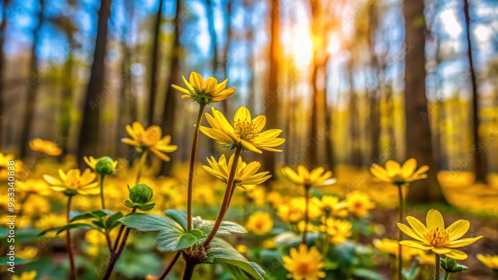 Obraz premium Yellow flowers and buds blooming among the trees in a forest setting, nature, spring, bloom, forest, scenery, flora