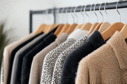 Cozy sweaters displayed on hangers in a minimalist indoor setting