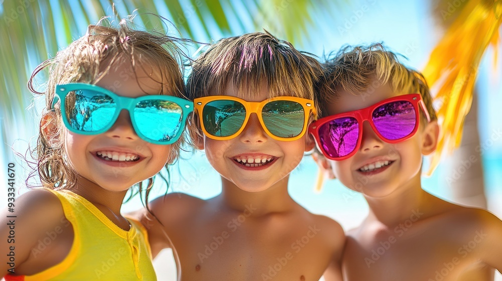 Three children wearing colorful sunglasses and smiling Three children wearing colorful sunglasses and smiling