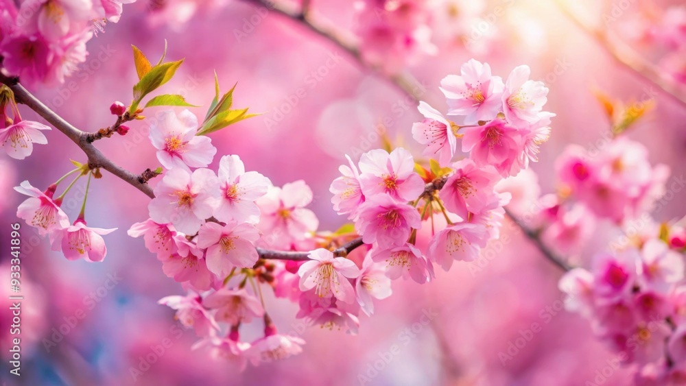 Fototapeta premium Enchanting closeup of pink cherry blossoms with dreamy blurred background, pink, cherry blossoms, closeup, HD, glistening