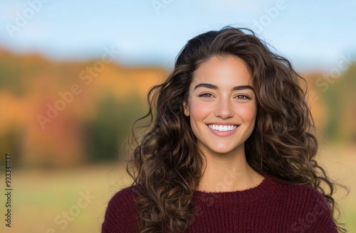 Smiling young woman outdoors with curly hair in a field during golden hour