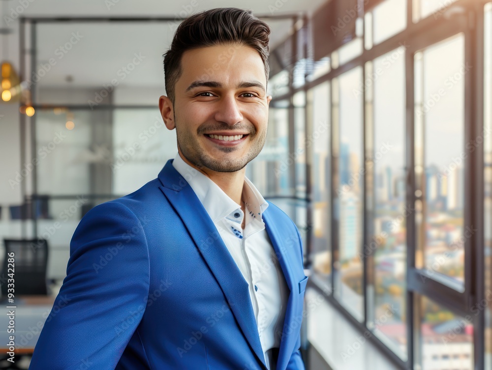 Portrait of a blue-suited businessman, smiling at the camera, against a modern office background with cityscape view, copy space on the right. Portrait of a blue-suited businessman, smiling at the camera, against a modern office background with cityscape view, copy space on the right.