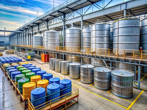 A large industrial storage facility with rows of metal drums and tanks containing various hazardous chemicals, surrounded by concrete walls and security fencing. photo