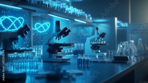 A lab with many microscopes and bottles on a table