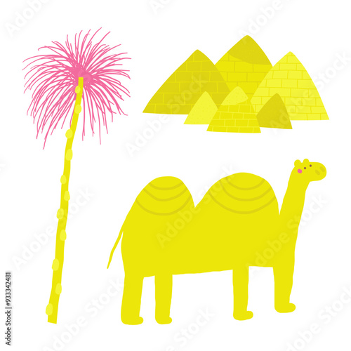 Cute ancient Egypt composition, postcard with funny hand drawn doodle camel, pyramids buildings architecture set, palm tree. Old civilization, desert nature t shirt print, cover, template, banner photo