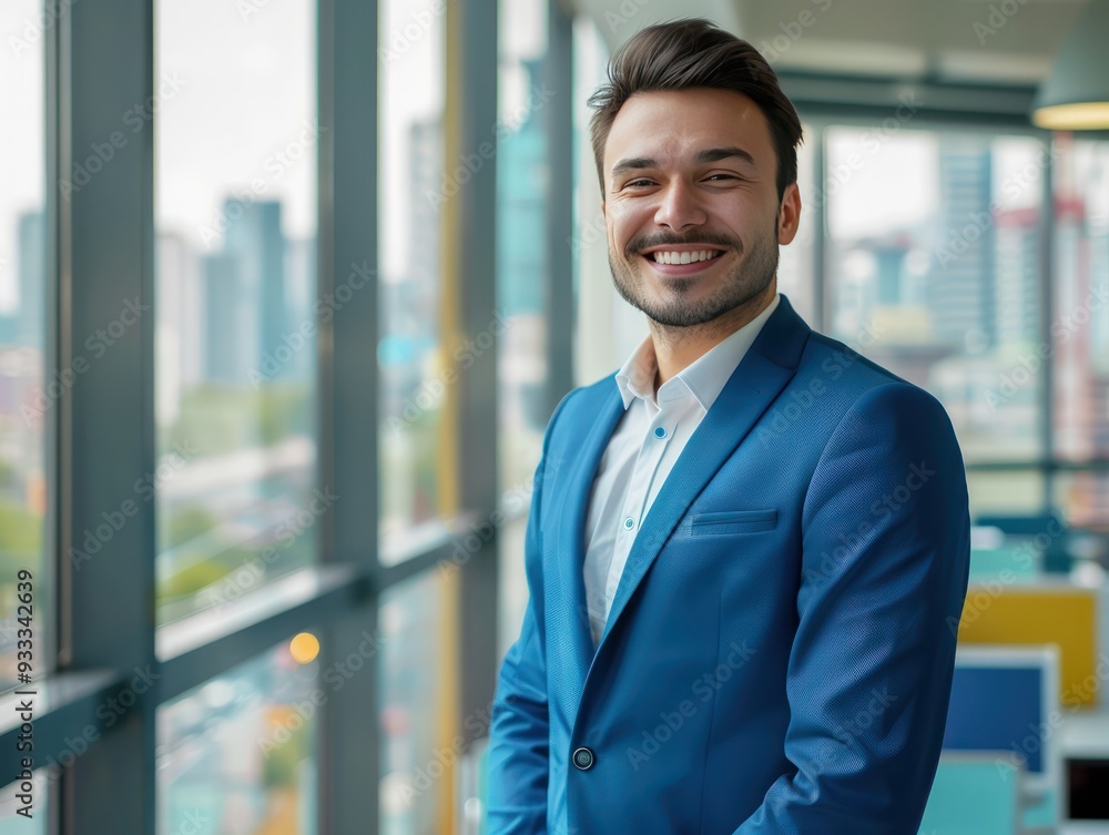 Portrait of a blue-suited businessman, smiling at the camera, against a modern office background with cityscape view, copy space on the right. Portrait of a blue-suited businessman, smiling at the camera, against a modern office background with cityscape view, copy space on the right.