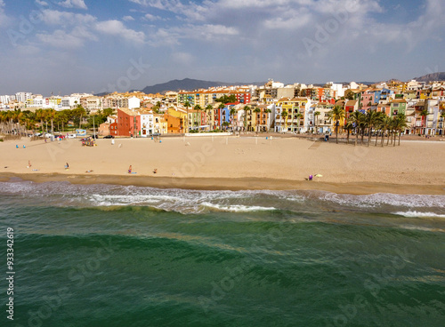 Drone view of Villa Joyosa colorful beach in Spain, Alicante photo