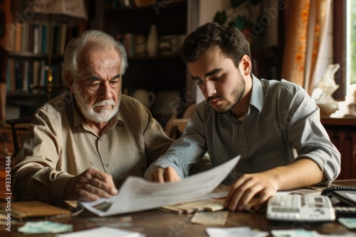 Two men working together on financial documents, perfect for business or office settings