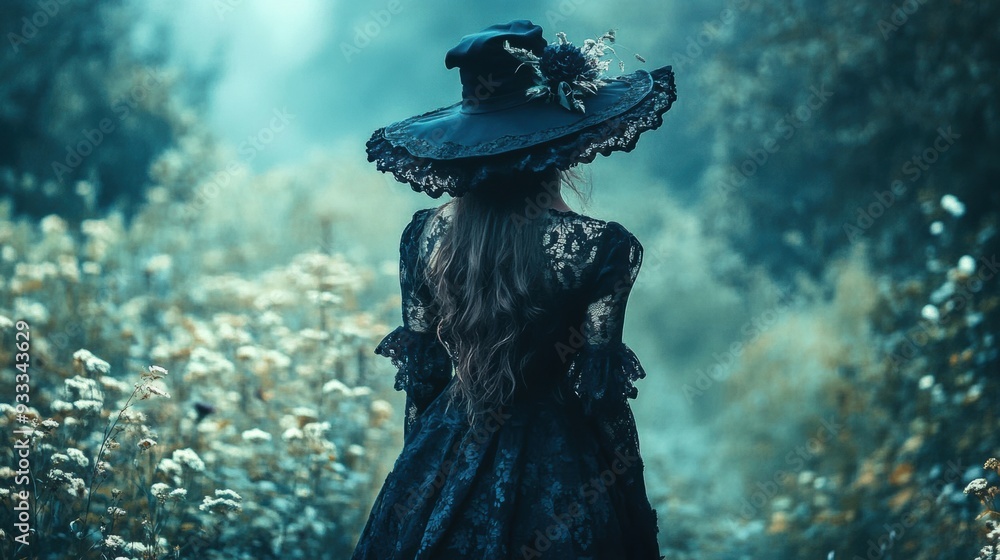 Mystical Woman in Black Lace Dress Walking in Enchanted Forest
Mystical Woman in Black Lace Dress Walking in Enchanted Forest