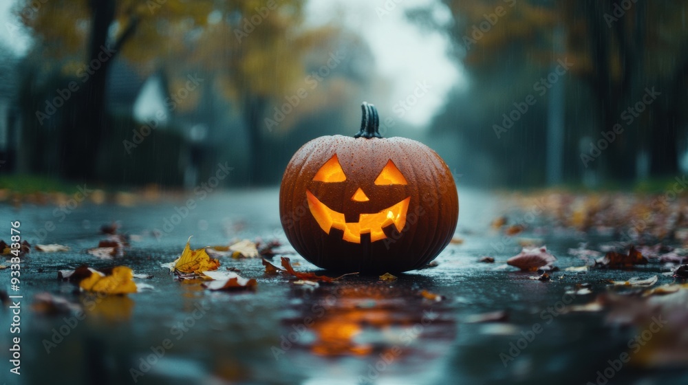 Glowing Jack-o'-Lantern on Rainy Autumn Street
Glowing Jack-o'-Lantern on Rainy Autumn Street