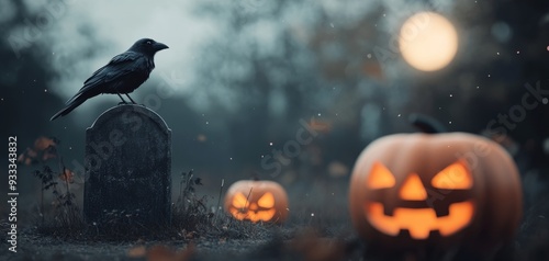 A raven perched on a gravestone beside glowing pumpkins during a Halloween night