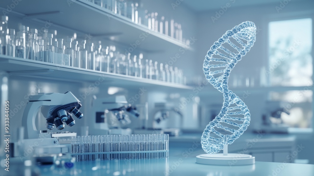 A laboratory with a DNA model on a table A laboratory with a DNA model on a table