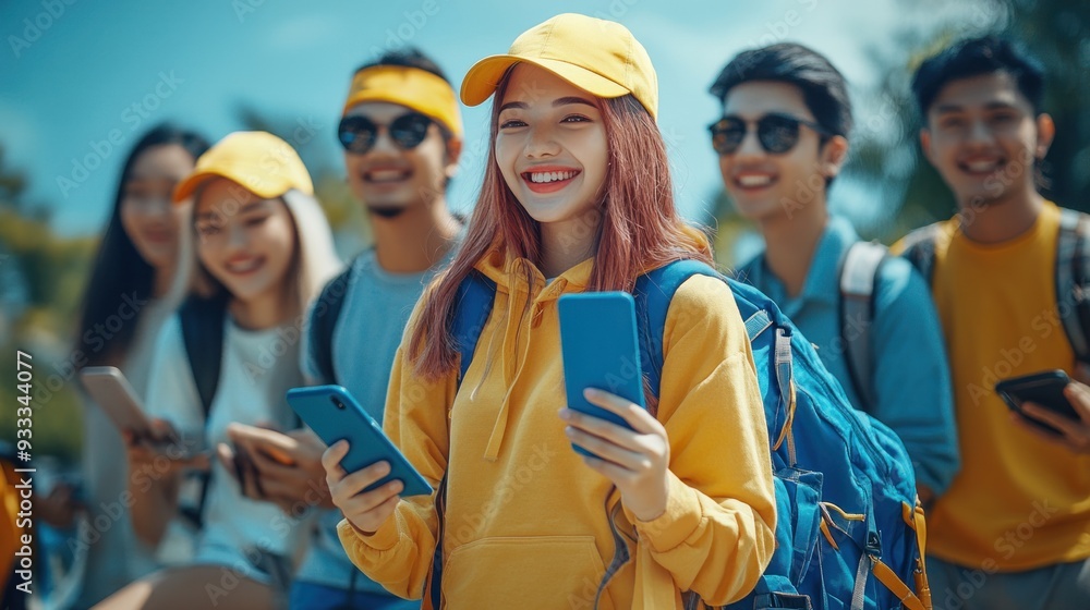 A group of people are smiling and holding cell phones A group of people are smiling and holding cell phones