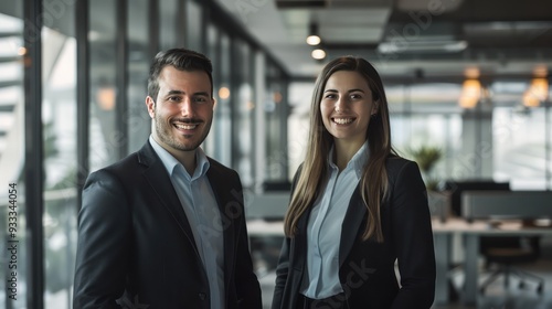 Portrait of a business man and woman smiling in sleek office, standing side by side.