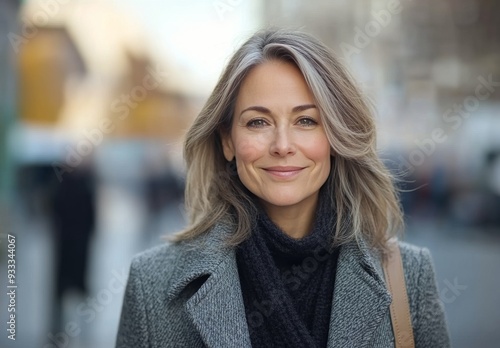 Woman with wavy hair smiling outdoors amid glowing holiday lights in a city s...