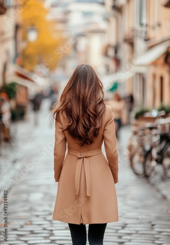 Woman in a beige coat walking through a charming cobblestone street in the ev...