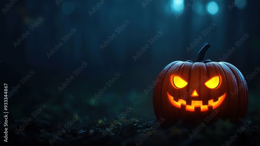 Spooktacular Cartoon Pumpkin with Glowing Eyes in Eerie Forest - Halloween Concept with Copy Space for Text Spooktacular Cartoon Pumpkin with Glowing Eyes in Eerie Forest - Halloween Concept with Copy Space for Text
