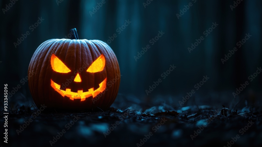 Spooky Halloween Pumpkin in Haunted Forest with Ghostly Mist and Eerie Glow, Copy Space Background Spooky Halloween Pumpkin in Haunted Forest with Ghostly Mist and Eerie Glow, Copy Space Background
