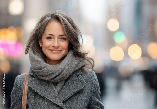 Woman with wavy hair smiling outdoors amid glowing holiday lights in a city s...